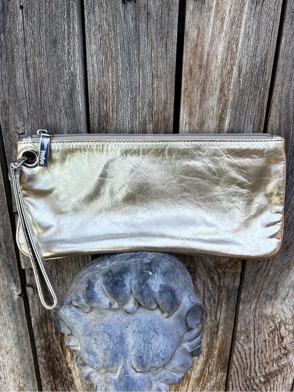 Hobo International Vida Metallic Gold Leather Wristlet Wallet Clutch
